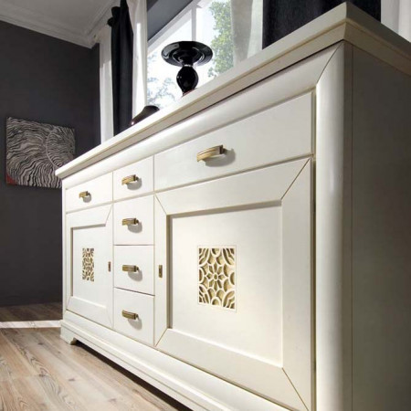 Credenza laccata 2 ante 6 cassetti con pannelli traforati