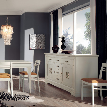 Credenza laccata 2 ante 6 cassetti, pannello traforato
