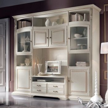 Dettaglio soggiorno bugnato ante centrale chiuse, finitura bianca