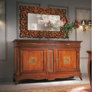Credenza 2 ante 3 cassetti legno noce e dettagli oro