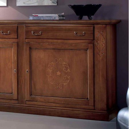 Credenza con intarsio 2 ante 2 cassetti, dettaglio intarsio floreale