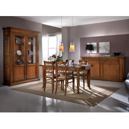 Sala da pranzo intarsiata, legno massello, sei sedie Sala da pranzo intarsiata con tavolo rettangolare e sei sedie