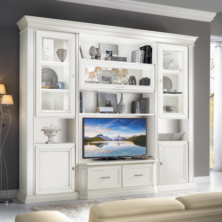 Mobile classico porta TV con vetrine e cestoni, dettaglio frontale
