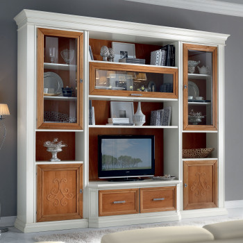 Composizione salieri, dettaglio vano TV e ante in vetro