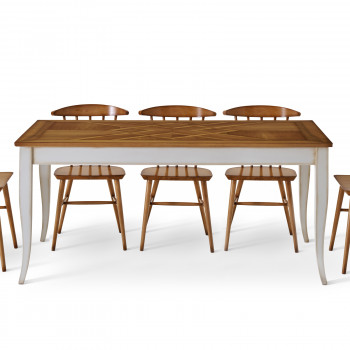 Tavolo con piano intarsio formichi e gambe affusolate in legno faggio