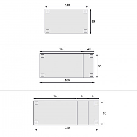 Diagramma misure tavolo toulipier allungabile 140x85 a 220x85