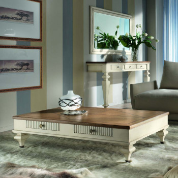 Tavolino inglese con piano in rovere e due cassetti rigati