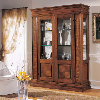 Vetrina 2 porte intarsiata modello fontana, dettaglio vetro