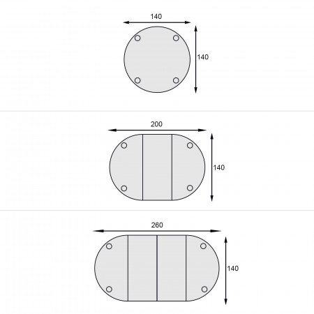 Schema misure Tavolo rotondo allungabile da 140x140 a 260x140