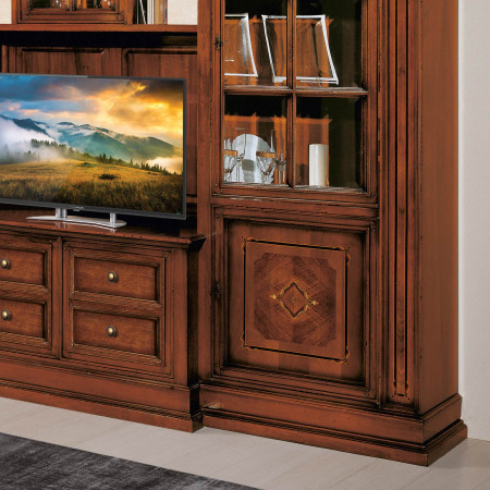 Parete con intarsio foglia modello perla con dettaglio porta TV