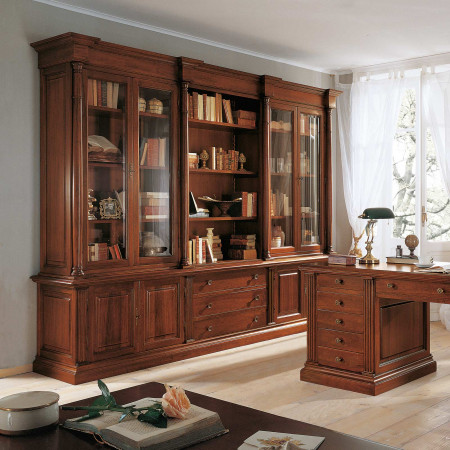 Scrivania in legno massello con porta e 7 cassetti, dettaglio capitelli