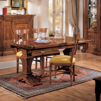 Tavolo balaustra intarsio foglia, legno noce, allungato