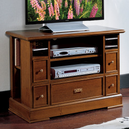 Porta tv stereo con ripiani in legno e dettagli in massello