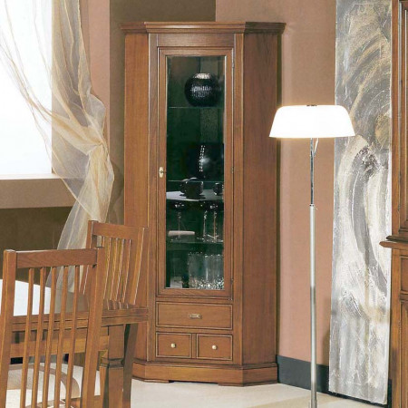 Vetrina ad angolo con faretto e vetro molato, dettaglio legno