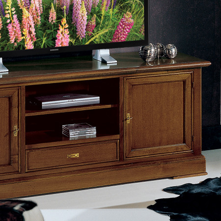 Porta tv stereo con ripiani in legno e dettagli in massello