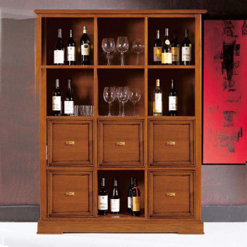 Libreria 12 vani e 5 cassetti con bottiglie di vino