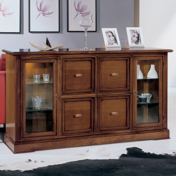 Credenzina con 4 cassetti, dettagli ante vetro