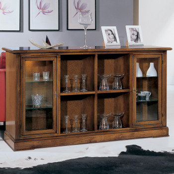 Credenza 2 porte vetro 4 vani, dettaglio vetri e legno