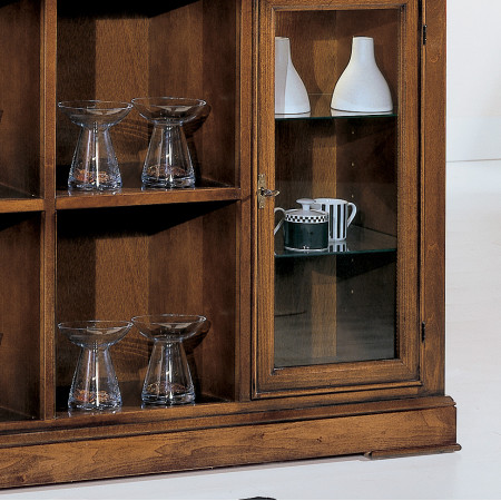 Credenza 2 porte vetro 4 vani, dettagli legno e vetro