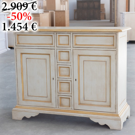 Credenza 2 ante 7 cassetti finitura toscana avorio e particolari ocra