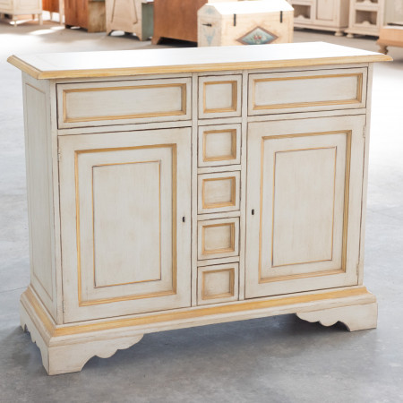 Credenza a 2 ante e 7 cassetti, finitura avorio ocra