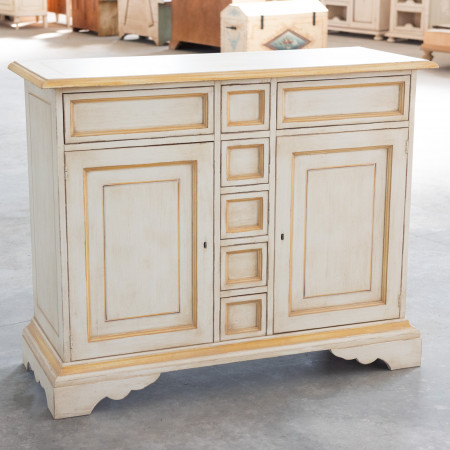 Credenza 2 ante 7 cassetti finitura toscana avorio e particolari ocra