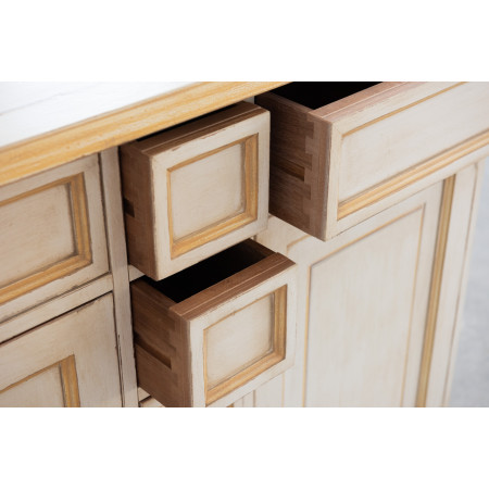 Credenza 2 ante 7 cassetti finitura toscana avorio e particolari ocra