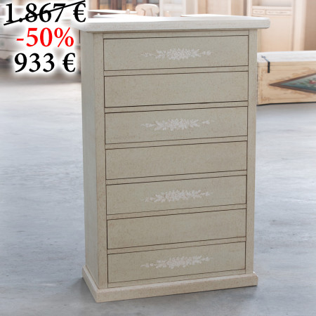 Cassettiera verdino anticato con decori floreali bianchi