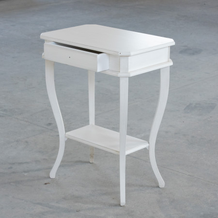 Tavolino 1 cassetto 1 ripiano bianco patinato, dettaglio gambe