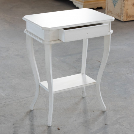 Tavolino 1 cassetto 1 ripiano bianco patinato, dettaglio del legno e del ripiano