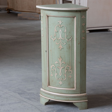 Angolo basso curvo 1 anta verde anticato, ornamenti bianchi
