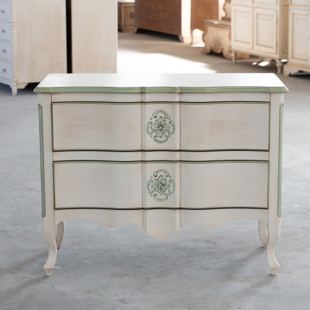 Comò 2 cassetti sagomato avorio, decorazioni verdi, dettaglio sagomatura