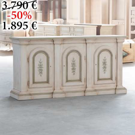 Credenza con archi 3 ante 3 cassetti avorio pennellato decori verdi