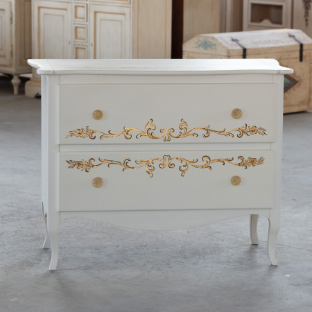 Comò 2 cassetti con decorazioni in foglia oro su legno