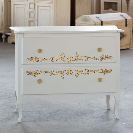 Comò 2 cassetti con decorazioni in foglia oro, dettaglio laterale