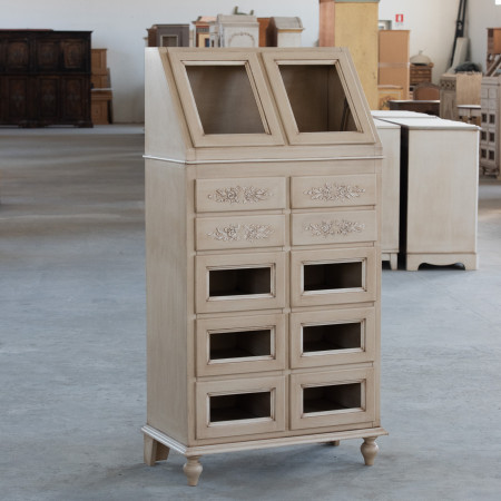 Dispensa 10 cassetti avorio, decorazioni floreali rilievo