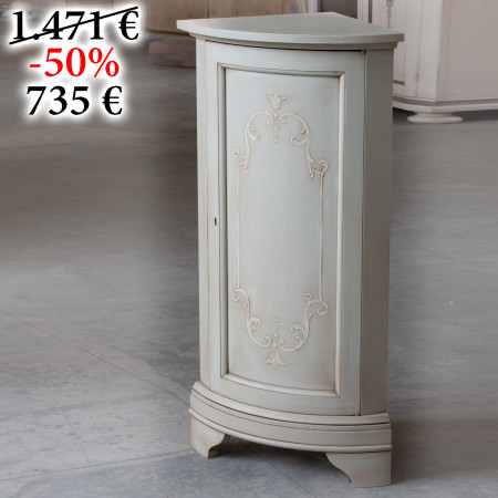 Angolo curvo azzurro anticato con ornato bianco in legno