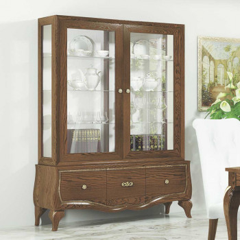 Vetrina 2 ante con 3 cassetti lisci, dettaglio del legno di frassino