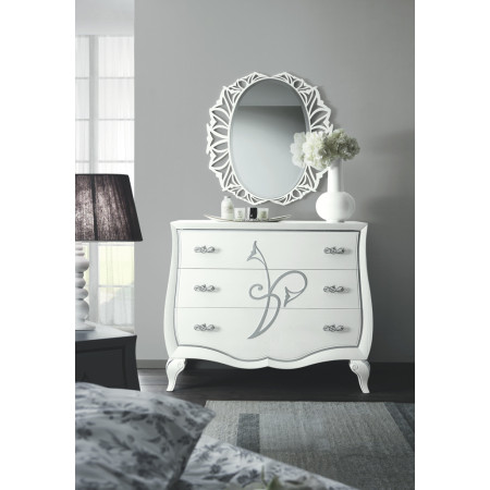 Comodino con 2 cassetti e decoro, vista frontale