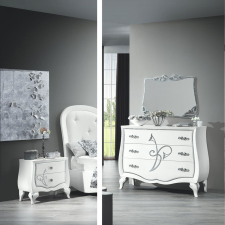 Comodino con 2 cassetti e decoro, fianco sagomato