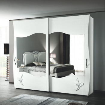 Armadio a 2 ante con specchi, decoro floreale bianco