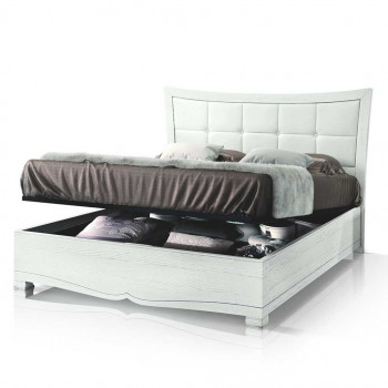Letto imbottito con contenitore aperto, ecopelle bianca