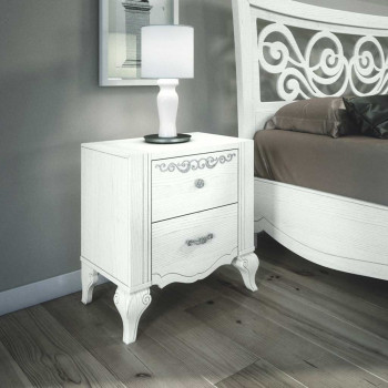 Comodino 2 cassetto con decoro, ambientato in camera