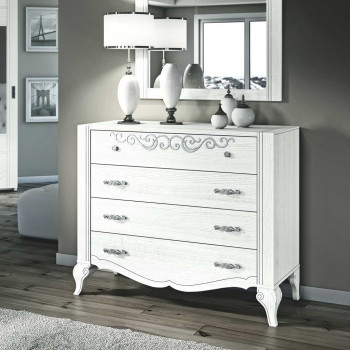 Comò 4 cassetti superiore con decoro floreale in rilievo