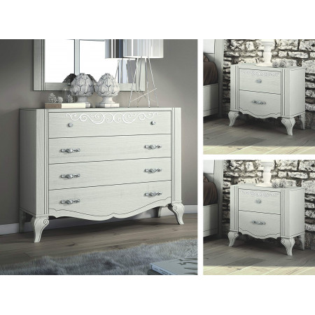 Trittico in legno con comò e comodini decorati