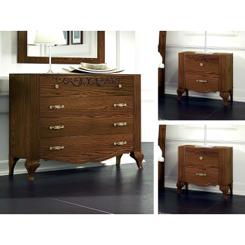 Trittico in legno con comò e due comodini dettagli frontali