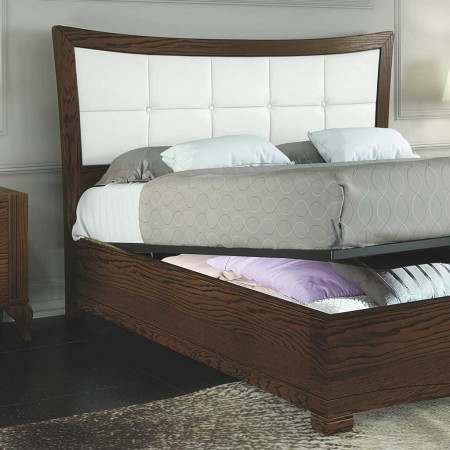 Letto imbottito con giroletto contenitore, dettaglio legno frassino