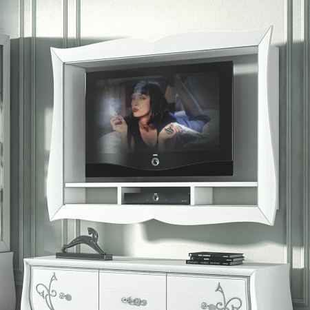 Cornice porta tv bianca con vani decoder e design sagomato