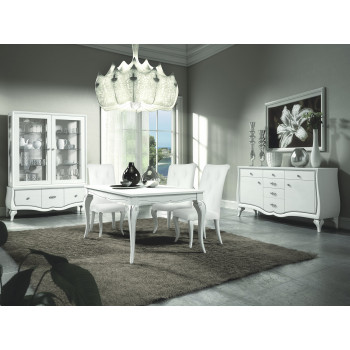 Sala da pranzo Chantal con credenza e vetrina in legno bianco