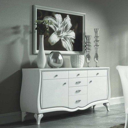 Credenza Chantal in legno laccato bianco con dettagli argento